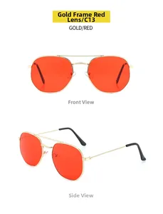 Front and side view of gold frame aviator sunglasses with red lenses for men