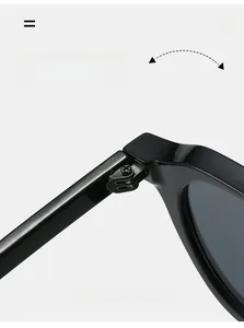 Detailed macro view of durable reinforced metal hinges on black acetate sunglasses