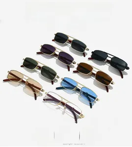Close-up of vintage metal sunglasses with double bridge frames in multiple color options