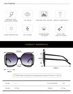 Detailed size chart for oversized sunglasses showing dimensions in millimeters and core features