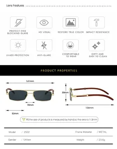Detailed sizing chart and specifications for vintage small frame rectangle metal sunglasses
