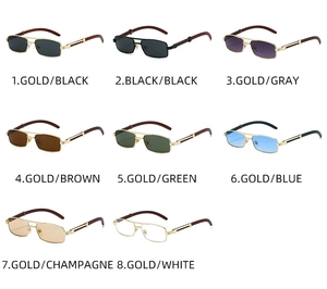 Detailed grid display of small rectangular metal sunglasses in eight different colorways