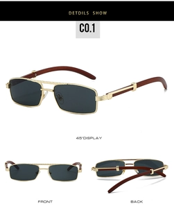 Macro detail of metal rectangle sunglasses with wood grain temples and gold frames