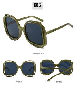 Three-view detail of olive green oversized sunglasses showing front and back structural frame