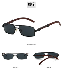 Multiple views of metal rectangular sunglasses with wood grain temples and dark lenses