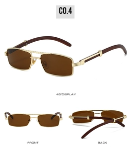 Detailed views of gold rectangular sunglasses with wood grain temples and C-Decor hinge