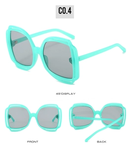 Multi-angle view of mint green oversized sunglasses with gray lenses and hollow temples