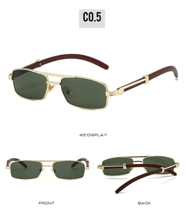 Three-view display of rectangular metal sunglasses with wood grain temples and green lenses