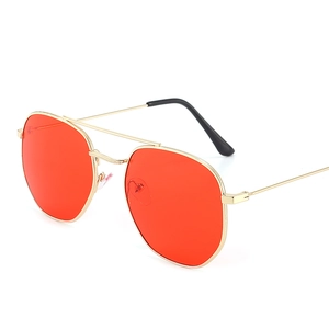 Men's double-bridge gold metal sunglasses with red lenses at a 45-degree angle