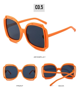 Three-angle display of bright orange hollow-out sunglasses showing front and side views