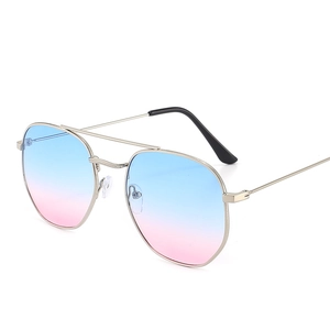 Classic aviator sunglasses with silver metal double bridge and blue-pink gradient lenses