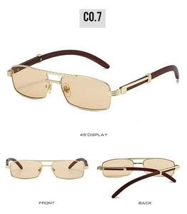 Three views of small rectangle metal sunglasses with gold twisted frame and wood grain arms