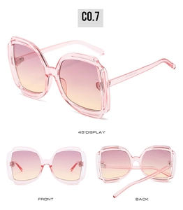 Three-view detail of pink butterfly sunglasses with gradient lenses and clear frames