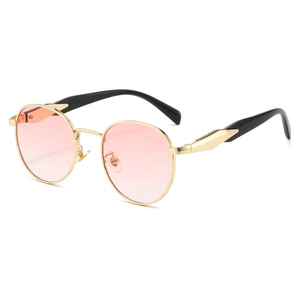 Retro oval metal sunglasses with pink gradient lenses and gold frames in 45-degree view