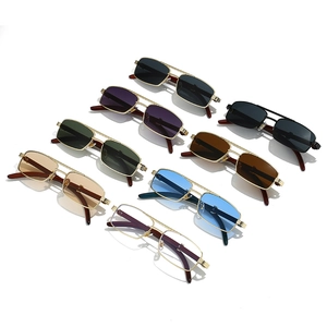 Retro rectangle metal sunglasses with wood grain temples and multi-color lenses