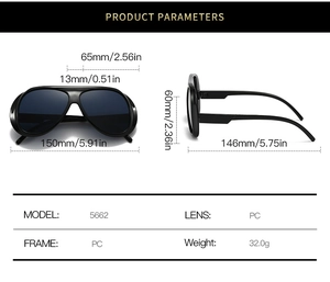 Detailed technical diagram showing dimensions and PC material of pilot sunglasses
