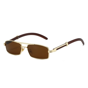 Retro rectangular gold metal sunglasses with double bridge and red wood grain temples