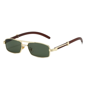Retro metal rectangle sunglasses with wood grain temples and green lenses