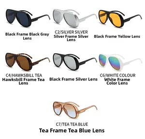 Matrix display of fashion oversized sunglasses in seven diverse frame and lens colors