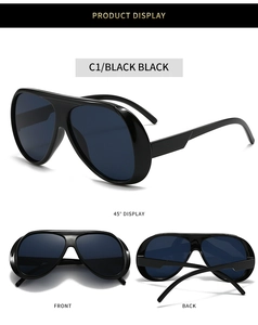 Fashion aviator sunglasses with black frame and dark lenses showing multiple display angles