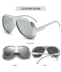 Three-angle views of silver aviator sunglasses with mirrored lenses and metal frames