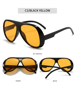 Multi-angle views of retro pilot sunglasses with black frames and yellow lenses