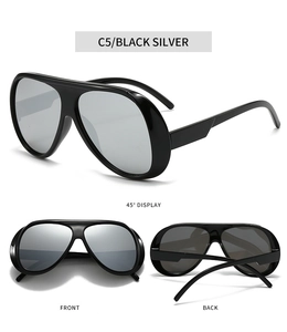 Three perspectives of pilot sunglasses with thick black frames and silver mirror lenses