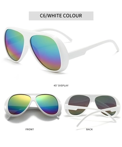 Macro detail of white oversized aviator sunglasses with gradient iridescent lenses