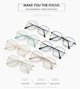 Detail view of six color variations of stylish metal polygon anti-blue light glasses
