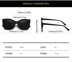 Detailed technical diagram of cat eye sunglasses showing PC frame dimensions and weight