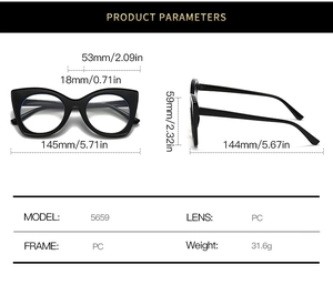 Detailed size specifications and parameters for the black cat eye blue light glasses