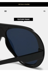 Close-up of gloss black frame and blue lens detail on these trendy pilot sunglasses