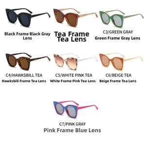 Flat lay display showing seven diverse color options of cat eye sunglasses for women