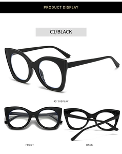 Three-view layout of chic black oversized cat-eye glasses frame with blue light blocking lens