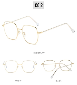 Three-angle views of gold thin metal square eyeglasses frame with anti-blue light lenses