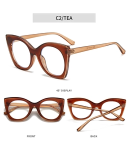 Multiple views of cat eye glasses in tea brown with front, side and back display