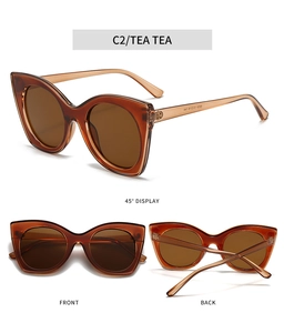 Detailed multi-angle views of tea-colored cat-eye sunglasses with tortoiseshell frames