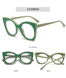 Detailed multi-angle views of two-tone green cat eye glasses frames in a polished finish
