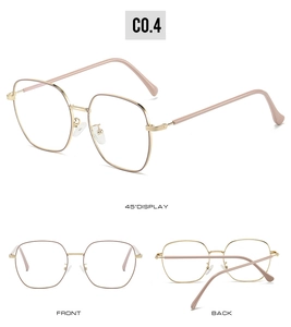 Macro detail of geometric square metal glasses frames with multi-angle views and pink finish