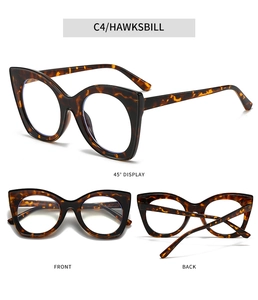 Three-way view of hawksbill cat-eye glasses frames with blue light blocking lenses