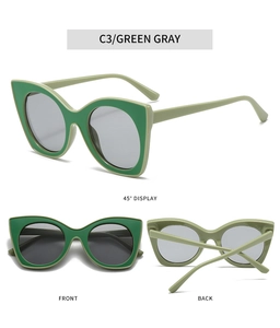 Three angles of cat eye sunglasses with dual-tone green frames and gray lenses