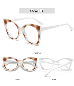 Three views of C5 white cat eye glasses frame with brown tortoiseshell pattern