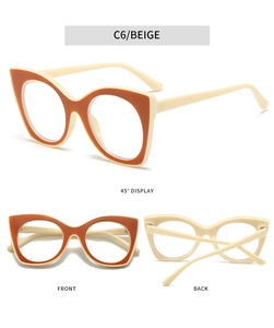 Three-angle views of beige cat-eye glasses frame with orange trim and blue light lenses