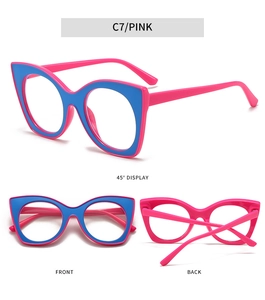 Pink and blue cat eye glasses frame showing front, back, and 45-degree angle views