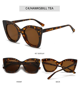 Three-angle views of large cat-eye sunglasses in C4 hawksbill frame and tea lenses