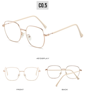 Detailed views of rose gold square metal glasses frames showing front and side angles