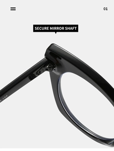 Detail view of reinforced metal hinge and thick black acetate frame for cat-eye glasses