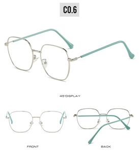 Detailed views of silver geometric metal frames with mint green temple tips from three angles