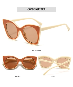 Three-view detail of beige cat-eye sunglasses with tea lenses and spliced frame design