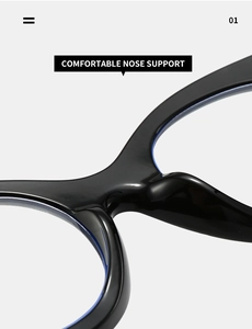 Close-up of integrated comfortable nose support on black glossy cat-eye glasses frames